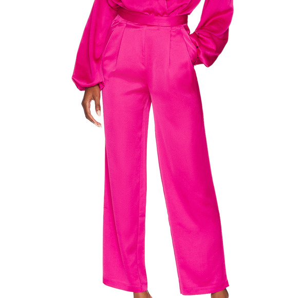 Lovers + Friends Barbie Pink Satin Wide Leg Pant XS Trouser High Rise $228 NEW - Picture 1 of 7